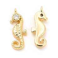 Brass Micro Pave Clear Cubic Zirconia Pendants, Platinum, Sea Horse Charm, Real 18K Gold Plated, 15x5.5x2mm, Hole: 0.8mm(KK-G447-15G)