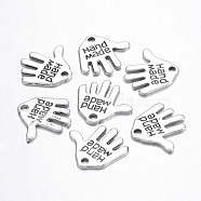 Tibetan Style Alloy Charms, Hand Palm with Word Hand Made, Antique Silver, Cadmium Free & Lead Free, 12.5x13x1mm, Hole: 1mm(X-LF0073Y)