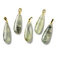 Natural Prehnite Pendants, Teardrop Charms with Rack Plating Golden Tone Brass Snap on Bails, 34~34.5x10~10.5x6~6.5mm, Hole: 6.5x3mm(G-Q192-07G-01)