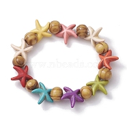 Beach Starfish Dyed Synthetic Turquoise Stretch Bracelets, Summer Wood Beaded Kid Bracelets for Girls, Colorful, Inner Diameter: 1-3/4 inch(4.32~4.55cm), Bead: 7x8~8.5mm, Starfish: 14x14mm(BJEW-JB10295-02)