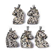 Carved Natural Dalmatian Jasper Pendants, with Stainless Steel Bails, Unicorn, Stainless Steel Color, 38~41x11~14x24~25mm, Hole: 9x4mm(G-N0327-002D)
