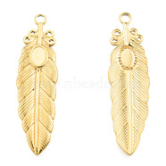 Ion Plating(IP) 201 Stainless Steel Pendant Settings for Enamel, Feather, Real 18K Gold Plated, Tray: 4x6mm, 46.5x13x2mm, Hole: 2.5mm(STAS-N098-251LG)