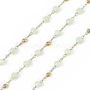 Dyed Natural Jade Round Beaded Chain, with Golden 304 Stainless Steel Satellite Chains, Unwelded, with Spool, Light Green, 2.5x1x0.3mm, 5x4mm, 3mm, about 32.81 Feet(10m)/Roll(CHS-C006-01E)