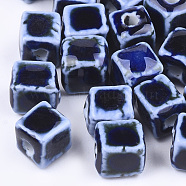 Handmade Porcelain Beads, Fancy Antique Glazed Porcelain, Cube, Dark Blue, 8x7.5~8x7.5~8mm, Hole: 1.5~2mm(PORC-S498-37B)