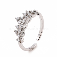 Clear Cubic Zirconia Crown Open Cuff Ring, Brass Jewelry for Women, Platinum, Inner Diameter: 17mm(RJEW-B028-22P)