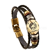 Braided Cowhide Cord Multi-Strand Bracelets, Constellation Bracelet for Men, with Wood Bead & Alloy Clasp, Pisces, 7-7/8~8-1/2 inch(20~21.5cm) (PW-WG49322-08)