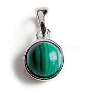 Rhodium Plated 925 Sterling Silver Pave Natural Malachite Half Round Charms, Real Platinum Plated, 9.5x7mm(G-NH0001-12J)