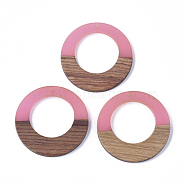 Resin & Walnut Wood Pendants, Ring, Hot Pink, 49x4mm, Hole: 2mm(RESI-S358-29A-04)