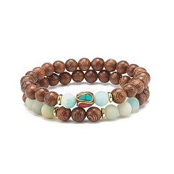 Wood Beaded Stretch Bracelet Sets, Natural Frosted Flower Amazonite Bead Stackable Bracelets for Women, with Indonesia Beads, Saddle Brown, Inner Diameter: 2-1/8 inch(5.5cm), 2pcs/set(BJEW-JB07735)