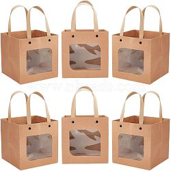 Craft Paper Handbags, with Clear Square Windows, Gift Bags, Rectangle, Peru, Unfold: 26x15x15cm(CARB-WH0018-03A)