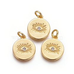 Brass Pendants, for DIY Jewelry Making, with Cubic Zirconia and Jump Rings, Flat Round with Evil Eye, Clear, Golden, 15x13x1.5mm, Hole: 3mm
(X-KK-I656-14G)