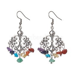 Natural Mixed Gemstone Chips Chandelier Earrings, Tibetan Style Alloy Long Drop Earrings, Rhombus, 60x29mm(EJEW-JE05418-02)