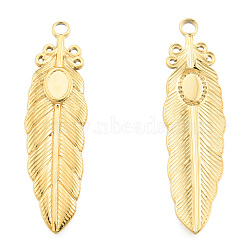 Ion Plating(IP) 201 Stainless Steel Pendant Settings for Enamel, Feather, Real 18K Gold Plated, Tray: 4x6mm, 46.5x13x2mm, Hole: 2.5mm(STAS-N098-251LG)