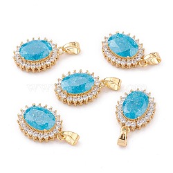 Golden Plated Brass Micro Pave Clear Cubic Zirconia Pendants, with Glass, Long-Lasting Plated, Oval, Deep Sky Blue, 23x16.5x7.5mm, Hole: 4x6mm(ZIRC-F123-03A)