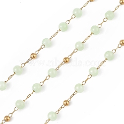 Dyed Natural Jade Round Beaded Chain, with Golden 304 Stainless Steel Satellite Chains, Unwelded, with Spool, Light Green, 2.5x1x0.3mm, 5x4mm, 3mm, about 32.81 Feet(10m)/Roll(CHS-C006-01E)