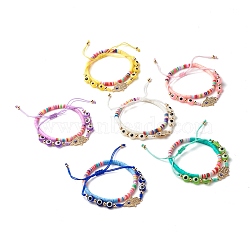 Handmade Polymer Clay Heishi Beads Stretch Bracelets Set, Hamsa Hand /Hand of Miriam Alloy Rhinestone Links Bracelets, Evil Eye Flat Round Resin Beads Lucky Bracelets for Women, Mixed Color, Inner Diameter: 1-3/8 ~3-3/4 inch(3.6~9.6cm), 2pcs/set(BJEW-JB07349)