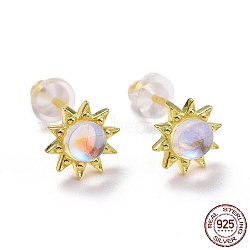 925 Sterling Silver Sunflower Stud Earring Findings, Clear Moonstone Dainty Earrings for Girl Women, Golden, 7.5x3.4mm, Pin: 0.8mm(EJEW-M202-03G)