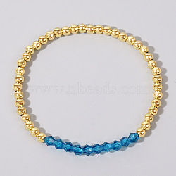 Colorful Birthstone Faceted Bicone & Brass Beaded Stretch Bracelets for Women, Dodger Blue, 6-7/8 inch(17.5cm)(RJ7989-12)