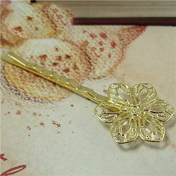 Zinc Alloy Hair Bobby Pin Findings, with Filigree Flower Cabochon Bezel Settings, Golden, 61mm, Tray: 20mm(OHAR-PW0001-028G)