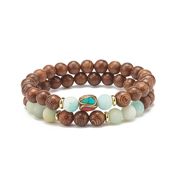 Wood Beaded Stretch Bracelet Sets, Natural Frosted Flower Amazonite Bead Stackable Bracelets for Women, with Indonesia Beads, Saddle Brown, Inner Diameter: 2-1/8 inch(5.5cm), 2pcs/set