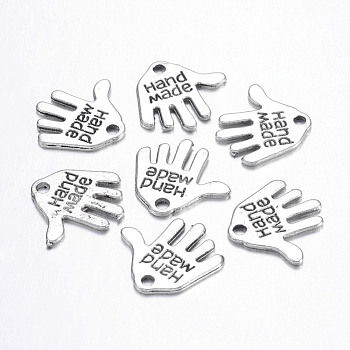 Tibetan Style Alloy Charms, Hand Palm with Word Hand Made, Antique Silver, Cadmium Free & Lead Free, 12.5x13x1mm, Hole: 1mm