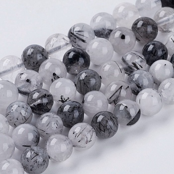 Natural Black Rutilated Quartz Beads Strands, Round, Black, 8mm, Hole: 1mm, about 45pcs/strand, 15 inch