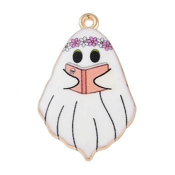 Halloween Alloy Enamel Pendants, Light Gold, Ghost Charm, Light Salmon, 32x20x2mm, Hole: 1.6mm