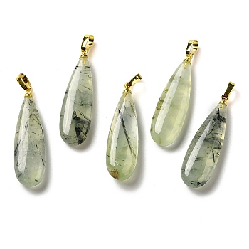 Natural Prehnite Pendants, Teardrop Charms with Rack Plating Golden Tone Brass Snap on Bails, 34~34.5x10~10.5x6~6.5mm, Hole: 6.5x3mm