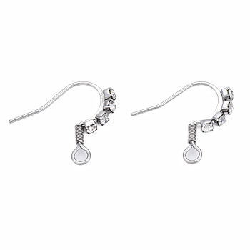304 Stainless Steel Hooks, with Horizontal Loop and Clear Cubic Zirconia, Ear Wire, Stainless Steel Color, 18x17mm, Hole: 2mm, 21 Gauge, Pin: 0.7mm