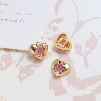 Brass Micro Pave Cubic Zirconia Charms, Heart Charm, Long-Lasting Plated, Light Gold, Pink, 11x11x3mm