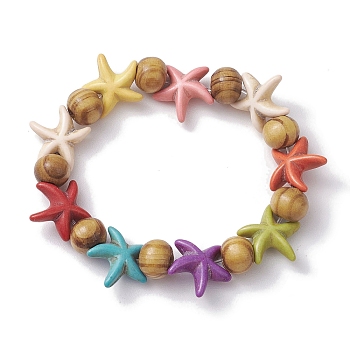 Beach Starfish Dyed Synthetic Turquoise Stretch Bracelets, Summer Wood Beaded Kid Bracelets for Girls, Colorful, Inner Diameter: 1-3/4 inch(4.32~4.55cm), Bead: 7x8~8.5mm, Starfish: 14x14mm