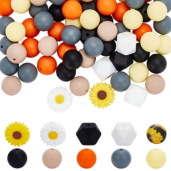 AHADERMAKER 10 Style Silicone Beads, DIY Nursing Necklaces and Bracelets Making, Chewing Pendants For Teethers, Daisy & Octagon & Round, Mixed Color, 14~19.5x14~15x8~15mm, hole: 2~2.2mm, 84pcs/box