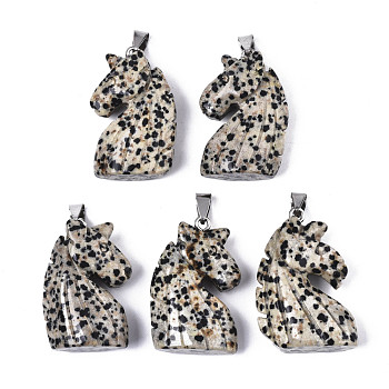 Carved Natural Dalmatian Jasper Pendants, with Stainless Steel Bails, Unicorn, Stainless Steel Color, 38~41x11~14x24~25mm, Hole: 9x4mm
