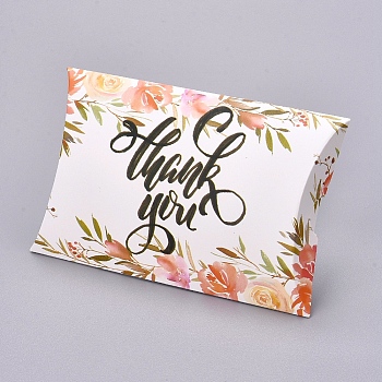 Paper Pillow Boxes, Gift Candy Packing Box, Flower Pattern & Word Thank You, White, Box: 12.5x7.6x1.9cm, Unfold: 14.5x7.9x0.1cm