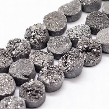 Electroplated Natural & Dyed Druzy Agate Bead Strands, Grade AB, Flat Round, Dark Gray, 10x5~8mm, Hole: 1mm, about 20pcs/strand, 8.07 inch