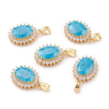 Golden Plated Brass Micro Pave Clear Cubic Zirconia Pendants, with Glass, Long-Lasting Plated, Oval, Deep Sky Blue, 23x16.5x7.5mm, Hole: 4x6mm