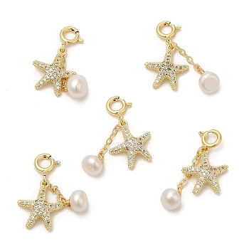 Brass Micro Pave Cubic Zirconia Starfish Pendant Decorations, Natural Pearl Ornament with Brass Spring Ring Clasps, Real 14K Gold Plated, 27mm