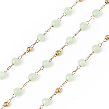 Dyed Natural Jade Round Beaded Chain, with Golden 304 Stainless Steel Satellite Chains, Unwelded, with Spool, Light Green, 2.5x1x0.3mm, 5x4mm, 3mm, about 32.81 Feet(10m)/Roll
