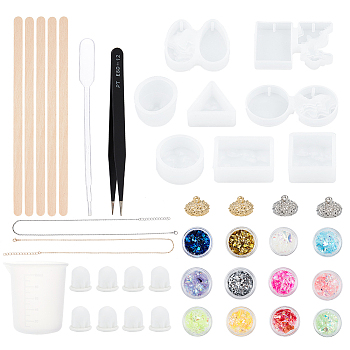 DIY Pendant Making, with Silicone Molds, Disposable Latex Finger Cots and Plastic Transfer Pipettes, Measuring Cup, Brass Pendant Bails, Tweezers, Ice Cream Sticks and Nail Art Sequins/Paillette, Mixed Color