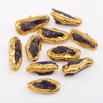 Natural Amethyst Beads, with Golden Plated Brass Edge, Oval, 27~31x11~15x11~12mm, Hole: 0.6mm
