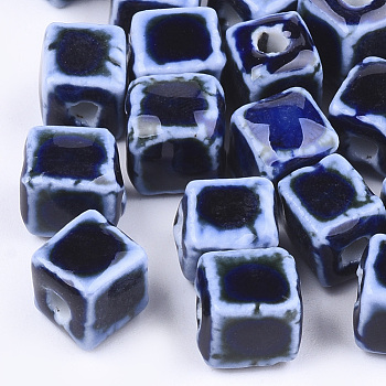 Handmade Porcelain Beads, Fancy Antique Glazed Porcelain, Cube, Dark Blue, 8x7.5~8x7.5~8mm, Hole: 1.5~2mm