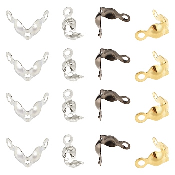 Brass Bead Tips, Calotte Ends, Clamshell Knot Cover, Gunmetal & Golden & Platinum & Silver Color Plated, 7x4mm, Hole: 1mm, Inner Diameter: 3mm, 4 colors, 100pcs/color, 400pcs/box