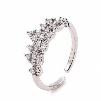 Clear Cubic Zirconia Crown Open Cuff Ring, Brass Jewelry for Women, Platinum, Inner Diameter: 17mm
