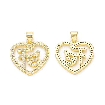 Rack Plating Brass Micro Pave Cubic Zirconia Pendants, Cadmium Free & Lead Free, Long-Lasting Plated, Real 18K Gold Plated, Heart with Word Fe Charm, Clear, 19x19x2mm, Hole: 3.5x4mm