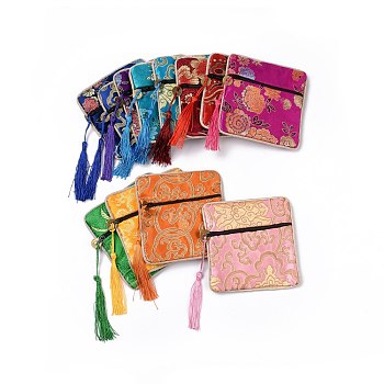 Mixed Square Cloth Zip Pouches, with Tassels, Mixed Color, 11.5x11.5cm