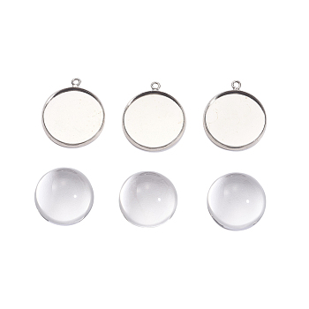 DIY Pendants Making, Flat Round Brass Blank Pendant Trays and Clear Glass Cabochons, Platinum, Tray: 18mm, 23x20x2mm, Hole: 1.5mm, 1pc/set, 18x9.5mm, 1pc/set