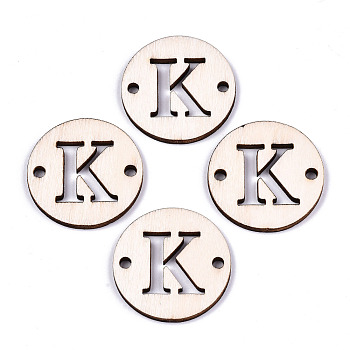 Unfinished Natural Poplar Wood Links Connectors, Laser Cut, Flat Round with Word, Letter.K, 29.5x2.5mm, Hole: 2.5mm