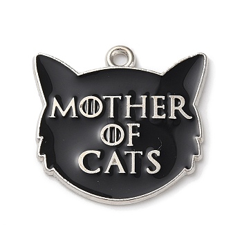 Alloy Enamel Pendants, Platinum, Word Mother of Cats Charm, Cat Shape, 24x25x1.3mm, Hole: 1.8mm