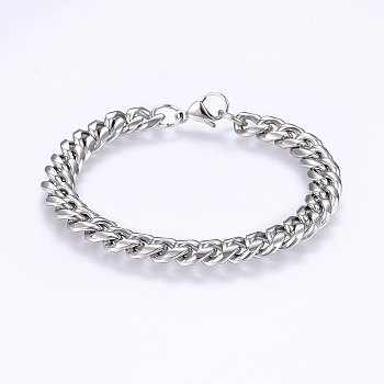 201 Stainless Steel Curb Chain Bracelets, Stainless Steel Color, 8-1/4 inch(21cm), 9x11x4mm