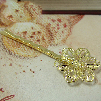 Zinc Alloy Hair Bobby Pin Findings, with Filigree Flower Cabochon Bezel Settings, Golden, 61mm, Tray: 20mm